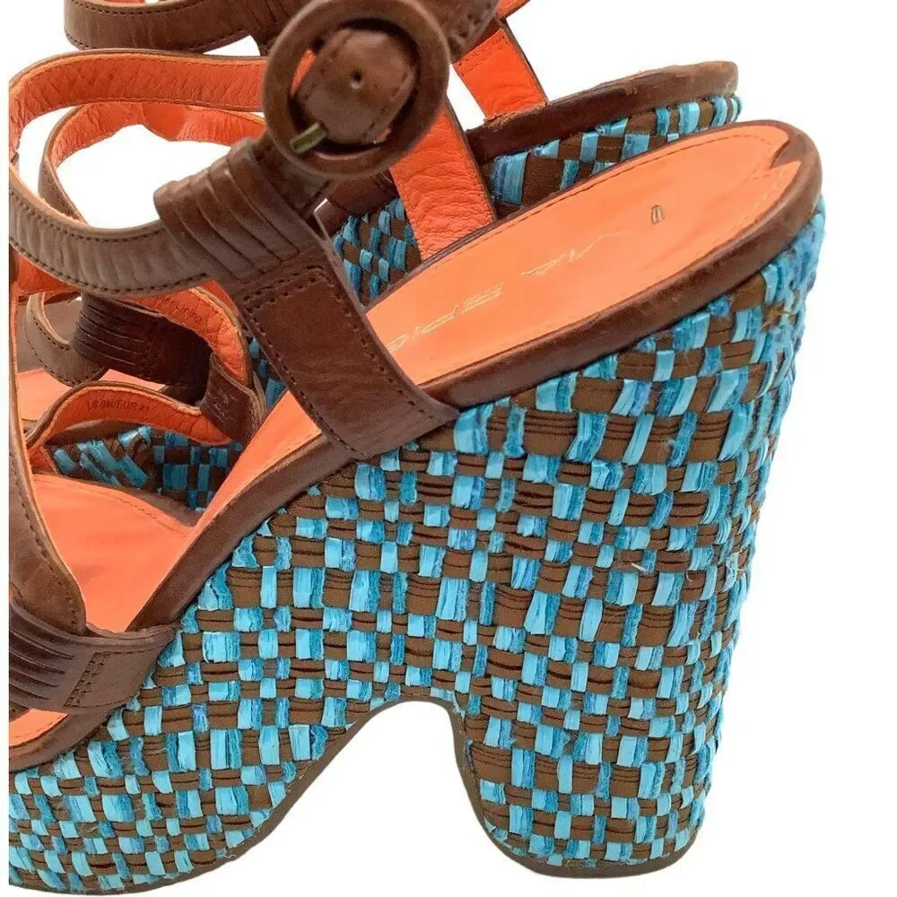 VIA SPIGA Cai Leather Platform Woven Wedge Sandals 41 9 Strappy Caged Mod Retro